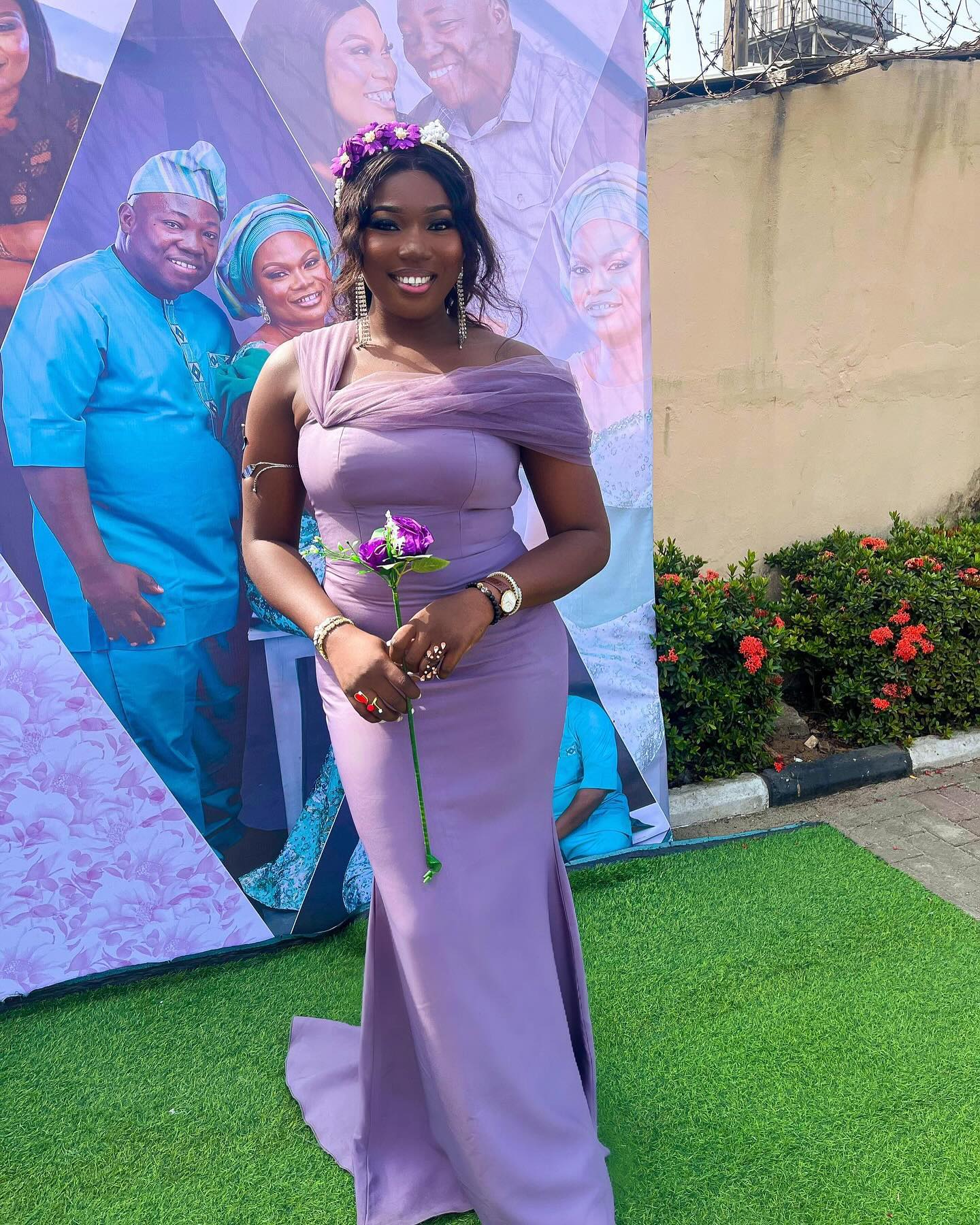 Lilac off-shoulder gown, styled for the aisle.