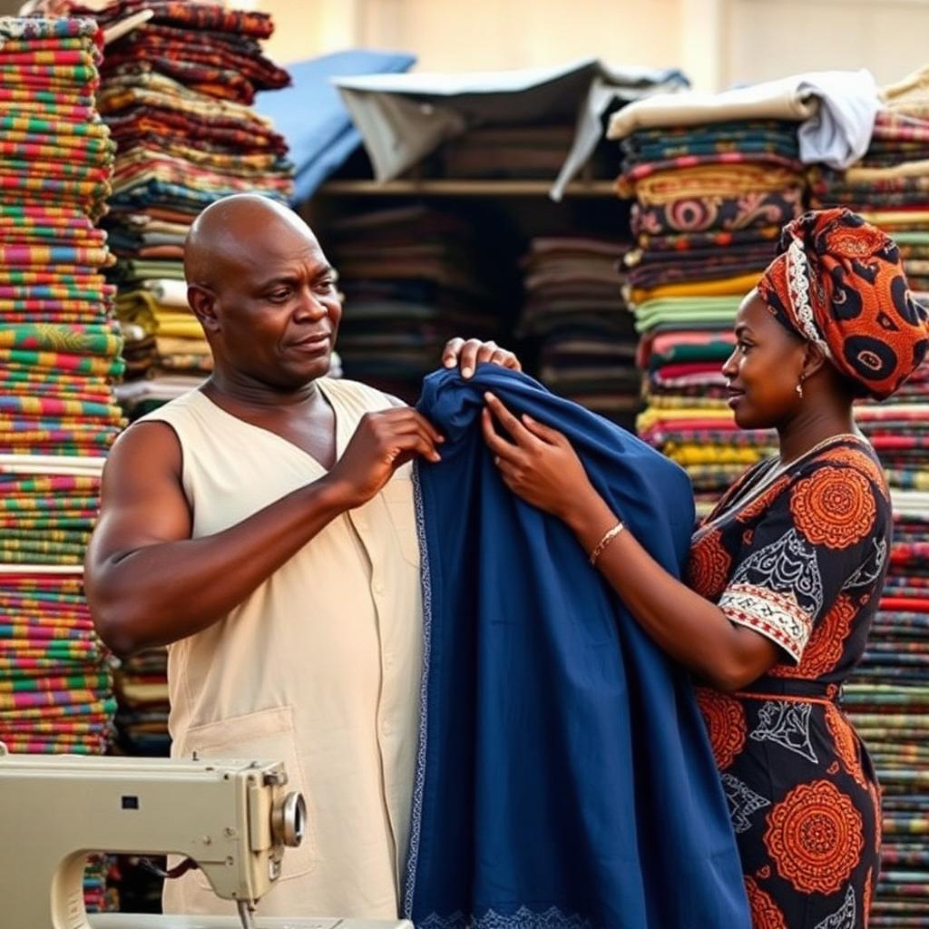 Fabric shopper advising a client at Lagos market
